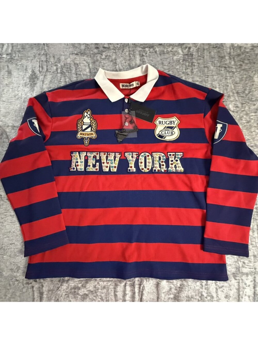 Watson New York Rhinestone Stripe Long Sleeve Rugby Polo Shirt Men's XL Red Blue